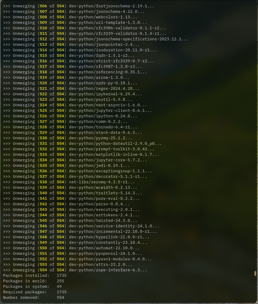 output from portage unmerging 554 packages